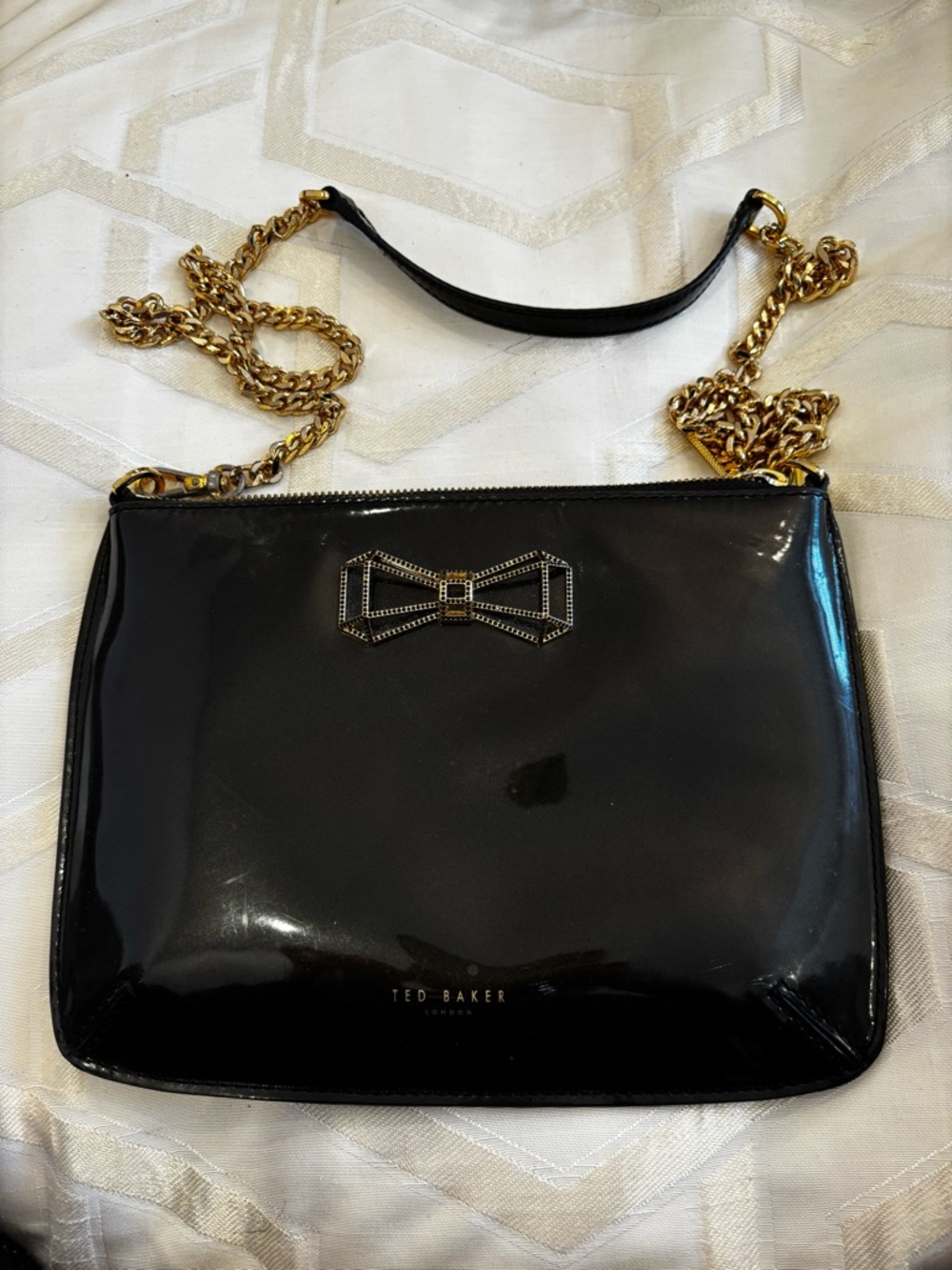 Ted Baker Black Patent Bow Crossbody with Gold Chain